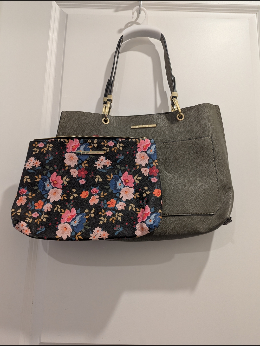 Steve Madden Olive Green Tote with Black Floral Pouch - Women Bags
